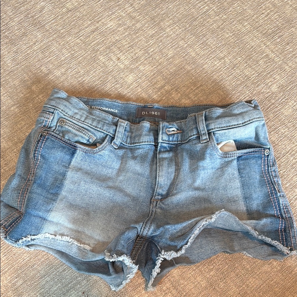 DL1961 Light Blue Frayed Denim Shorts